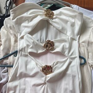 White Strapless Dress with Gold Floral Accents